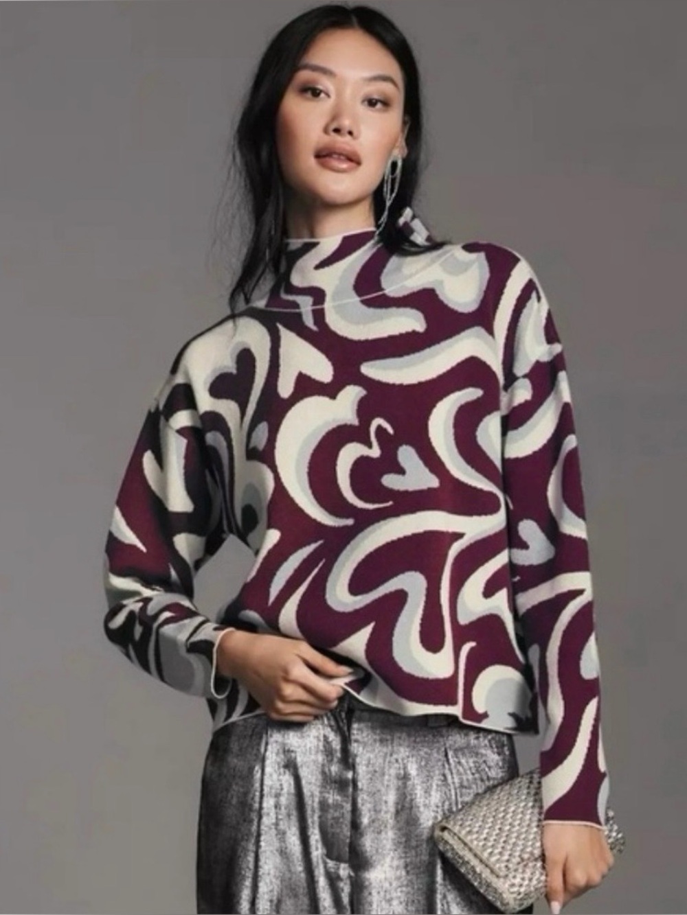Maeve Abstract Hearts Print Plum Mock Sweater